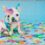 G8011-27 Tapis 2x3, Chiot bulldog joue avec de la peinture