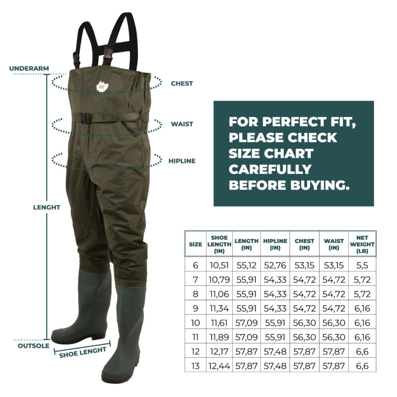 Size chart chest waders