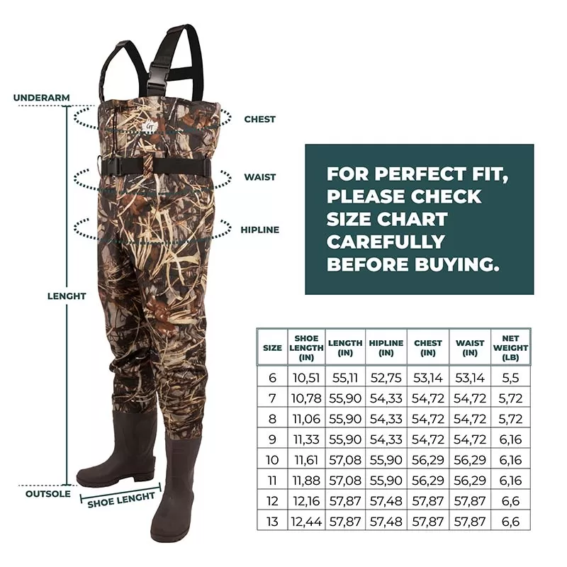Size charts for chest wader G1080-G1081-G1082